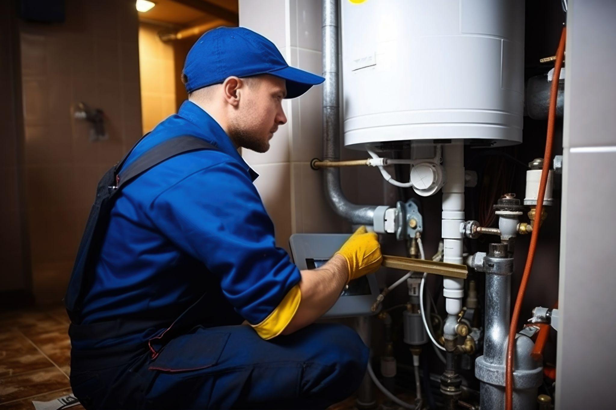 Plumber inspecting gas water heater for leaks